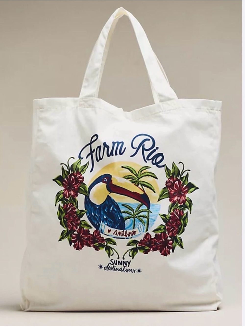 FARM Rio White Canvas Tote with Colorful Toucan and Floral Wreath